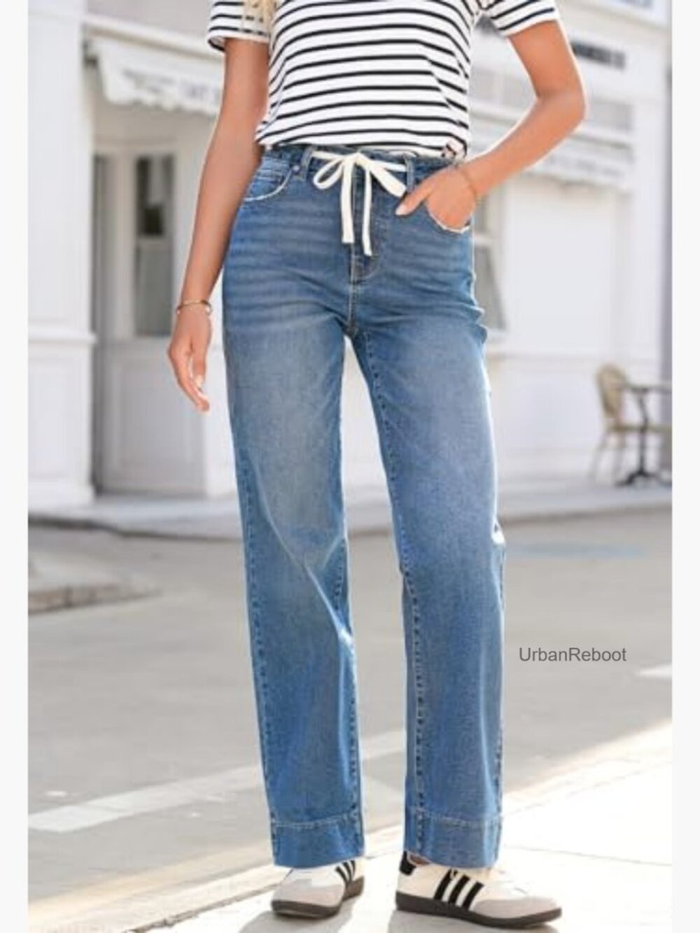 Wide Leg Jeans High Waisted Stretchy Straight Baggy Drawstring Denim - Picture 4 of 7